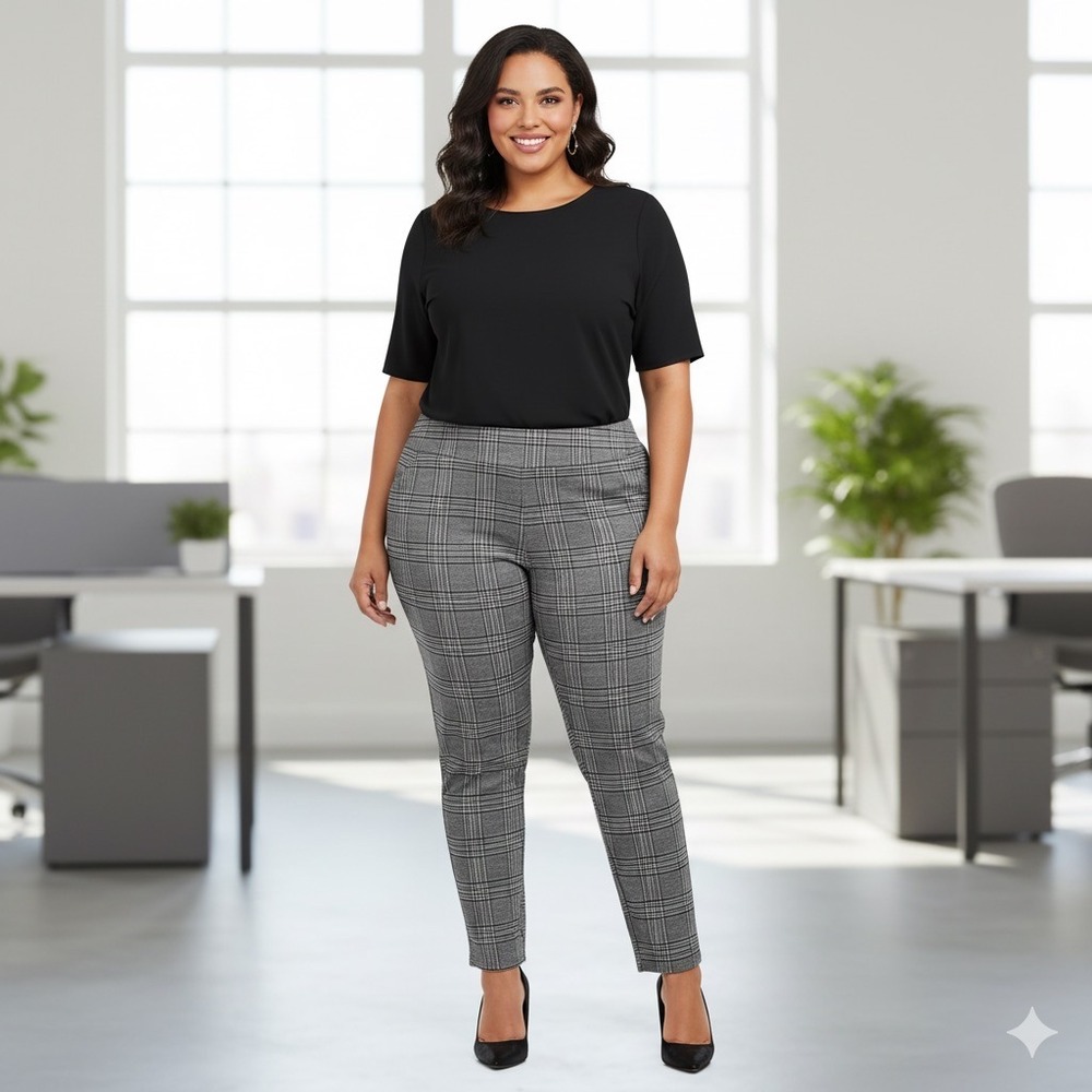 Worthington‎ Modern Fit Pants Women Plus 24 Black White Slim Plaid Pull On Work